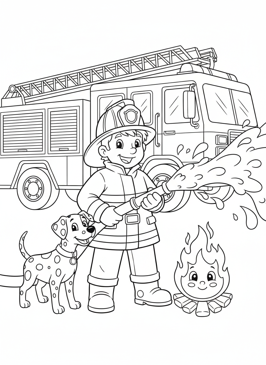 勇敢な消防士とダルメシアンのぬりえ - 消防車 ぬりえページ 子供と消防車 - 無料印刷可能な輪郭画