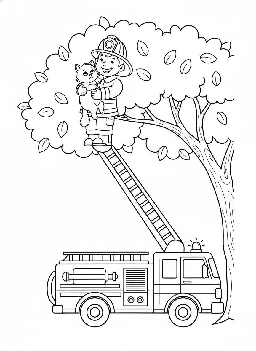 Brave Firefighter & Rescued Cat Coloring Page - Fire Truck Coloring Page featuring Fire Truck and Cat - Free Printable Outline Drawing for Kids