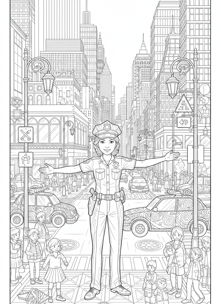 Brave Police Officer Directing Traffic in a Bustling City Coloring Page for Kids - Occupation Coloring Page featuring Vehicles and Detailed - Free Printable Outline Drawing for Kids