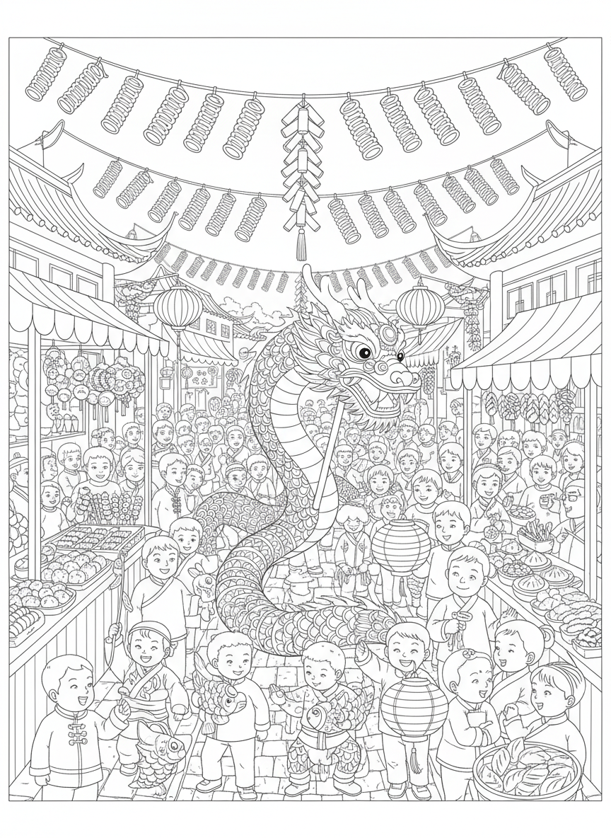 Bustling Chinese New Year Festival Street Scene Coloring Page - Festival Celebration Coloring Page featuring Festive and Children - Free Printable Outline Drawing for Kids
