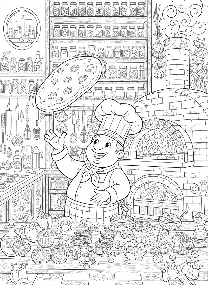 Bustling Pizza Kitchen Coloring Page for Kids - Pizza Coloring Page featuring Food and Children - Free Printable Outline Drawing for Kids