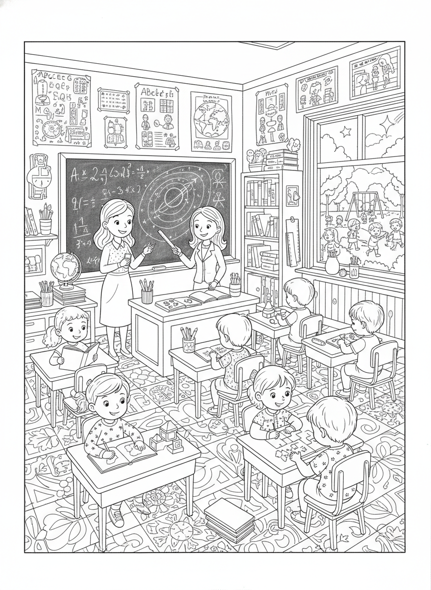Bustling School Classroom Coloring Page for Kids - School Life Coloring Page featuring Detailed and Classroom - Free Printable Outline Drawing for Kids