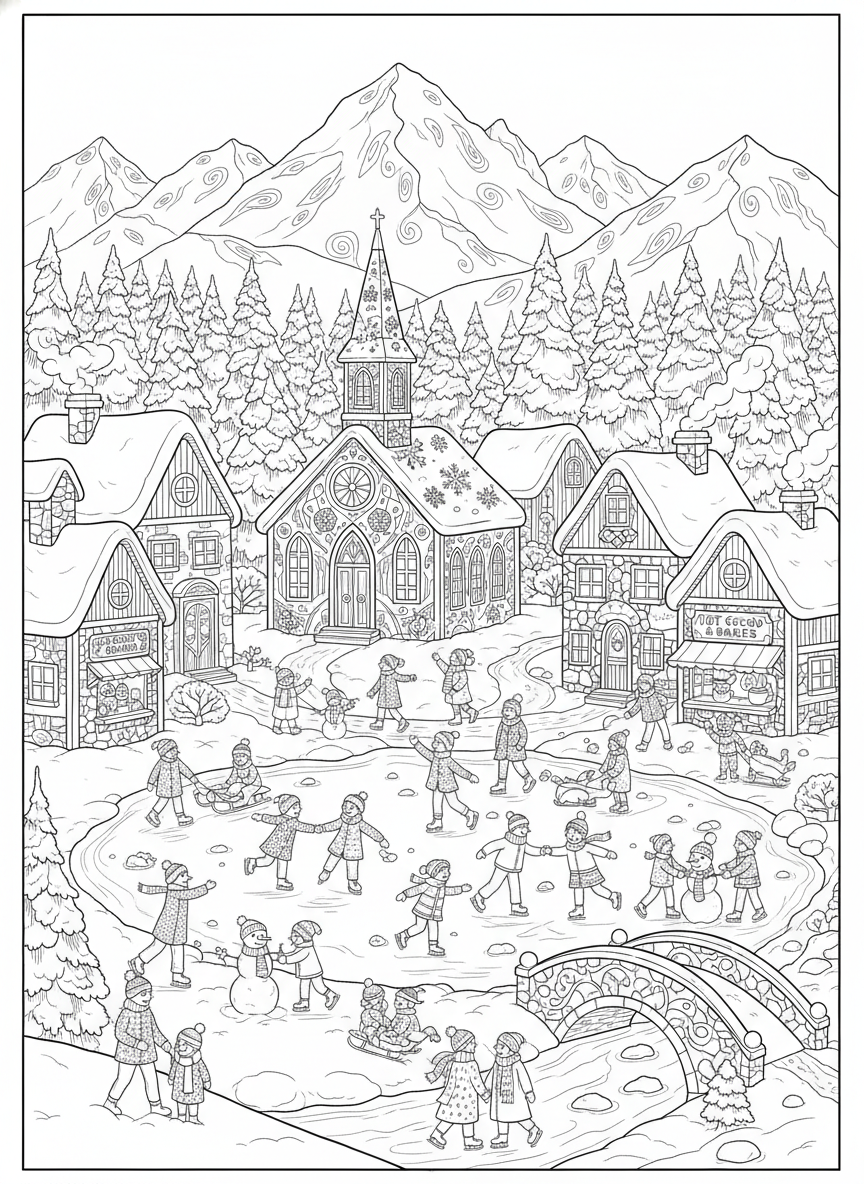 Bustling Snowy Winter Village Coloring Page - Winter Coloring Page featuring Snow and Seasonal - Free Printable Outline Drawing for Kids