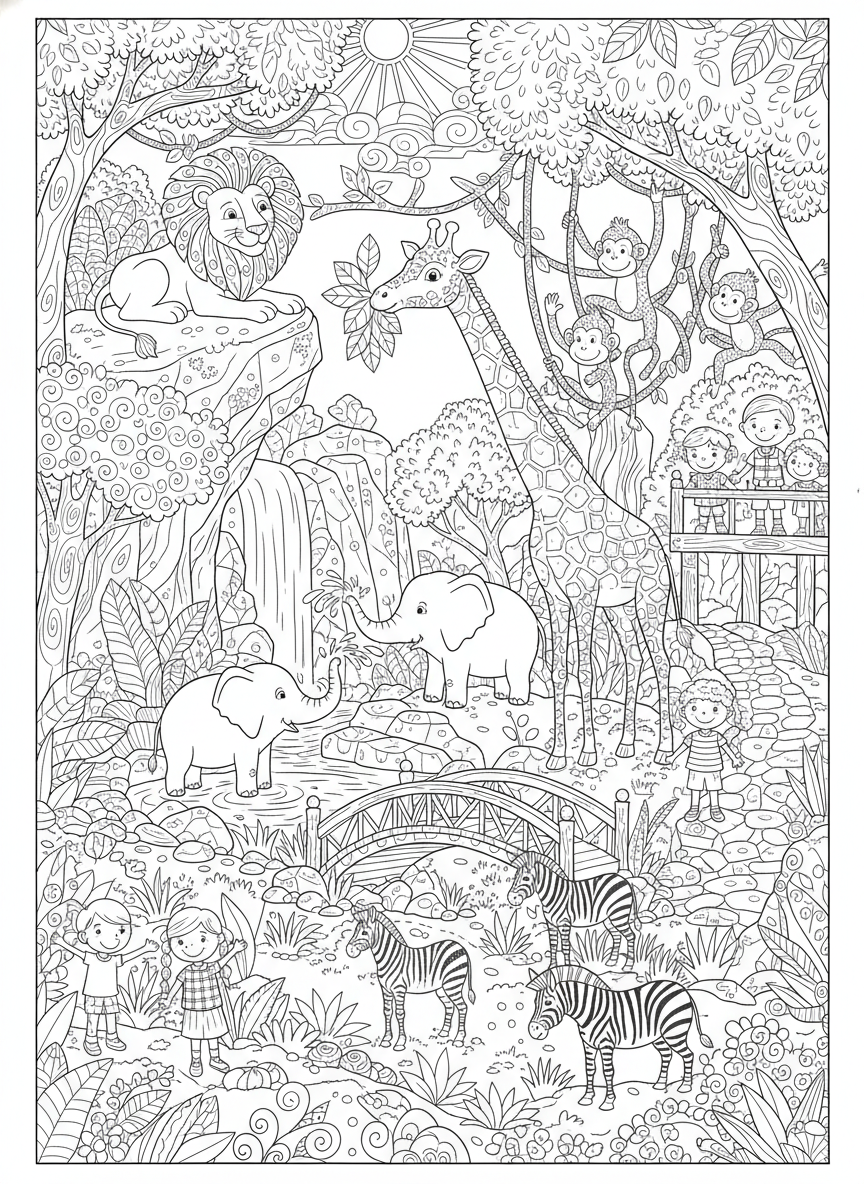 Bustling Zoo Adventure: A Highly Detailed Coloring Page for Kids - Zoo Coloring Page featuring Nature and Animals - Free Printable Outline Drawing for Kids