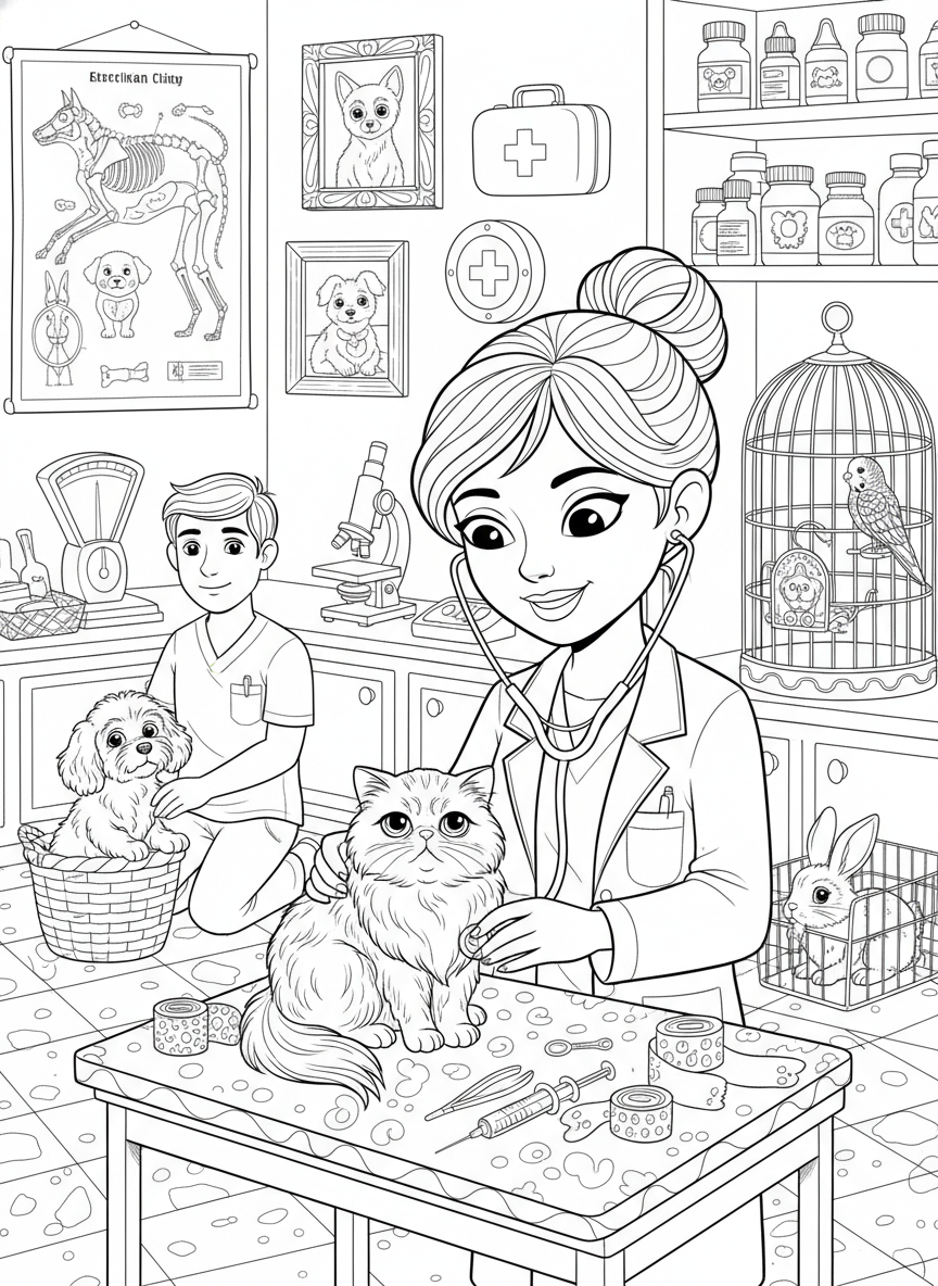 Busy Vet Clinic Adventure: A Detailed Coloring Page for Kids - Occupation Coloring Page featuring Children and Complex - Free Printable Outline Drawing for Kids