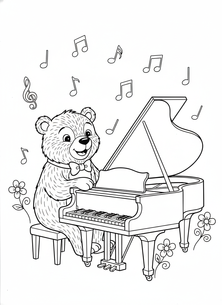 Página de Colorir Urso Fofo Tocando Piano para Crianças - Urso Desenho para Colorir com Fofo e Música - Desenho de Contorno Grátis Imprimível