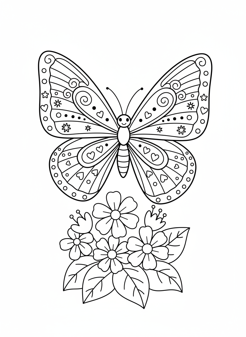 Encantadora Mariposa y Flores Página para Colorear para Niños - Mariposa Dibujo para Colorear con Fácil de colorear y Lindo - Dibujo de Contorno Gratis Imprimible