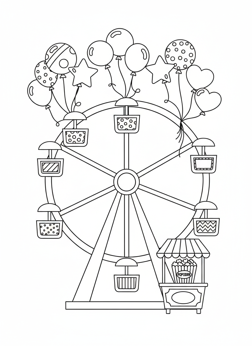 Charming Carnival Ferris Wheel Coloring Page for Kids - Festival Celebration Coloring Page featuring Festive and Cute - Free Printable Outline Drawing for Kids