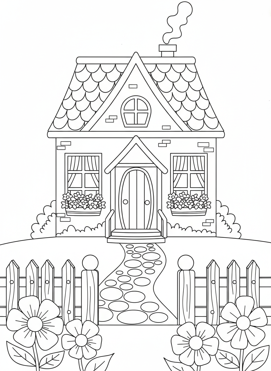 Charming Cartoon House Coloring Page for Kids - House Coloring Page featuring Children and Home - Free Printable Outline Drawing for Kids