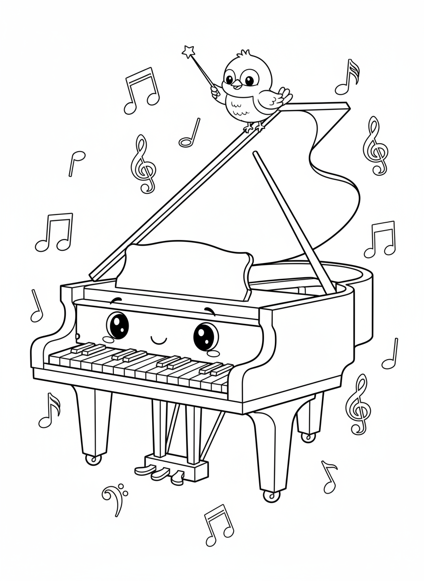 Encantador Piano de Dibujos Animados y Notas Musicales para Colorear - Instrumento Musical Dibujo para Colorear con Niños y Lindo - Dibujo de Contorno Gratis Imprimible