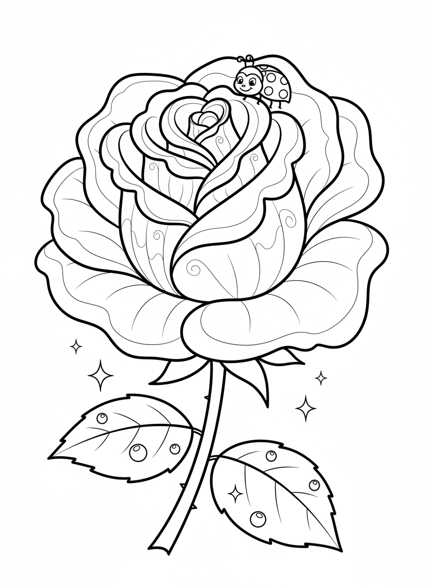 Charming Cartoon Rose with Friendly Ladybug Coloring Page - Flowers Coloring Page featuring Nature and Children - Free Printable Outline Drawing for Kids