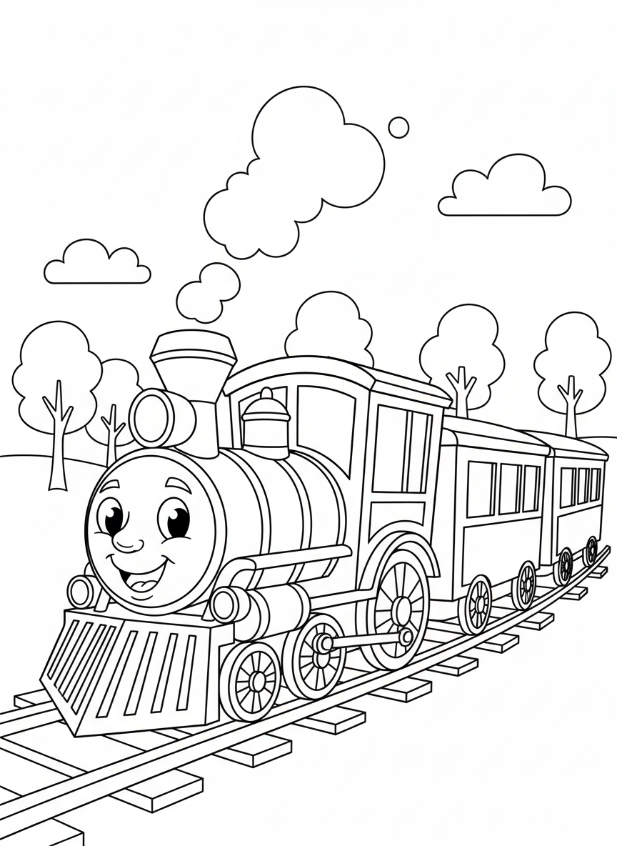 Charming Cartoon Train Coloring Page for Kids - Train Coloring Page featuring Children and Transportation - Free Printable Outline Drawing for Kids