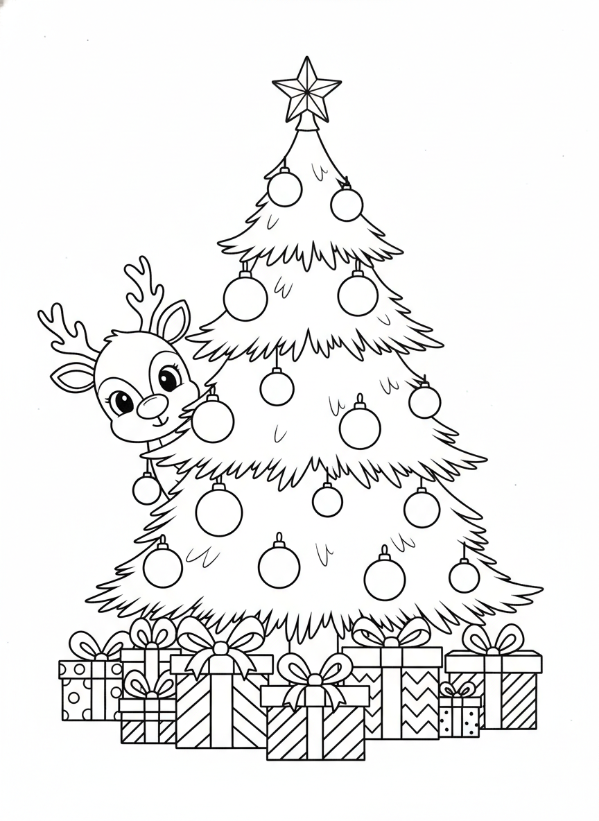 Página de Colorir Encantadora: Árvore de Natal e Rena para Crianças - Natal Desenho para Colorir com Natal e Fácil de Colorir - Desenho de Contorno Grátis Imprimível
