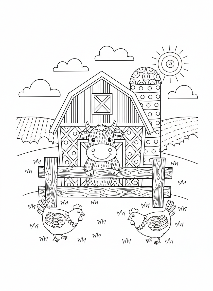 Charming Farm Scene Coloring Page for Kids - Farm Animal Coloring Page featuring Farm Animals and Easy to Color - Free Printable Outline Drawing for Kids