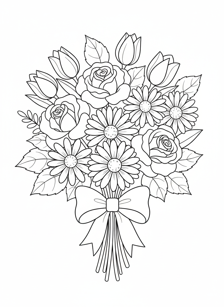 Charming Flower Bouquet Coloring Page for Kids - Flowers Coloring Page featuring Children and Cute - Free Printable Outline Drawing for Kids