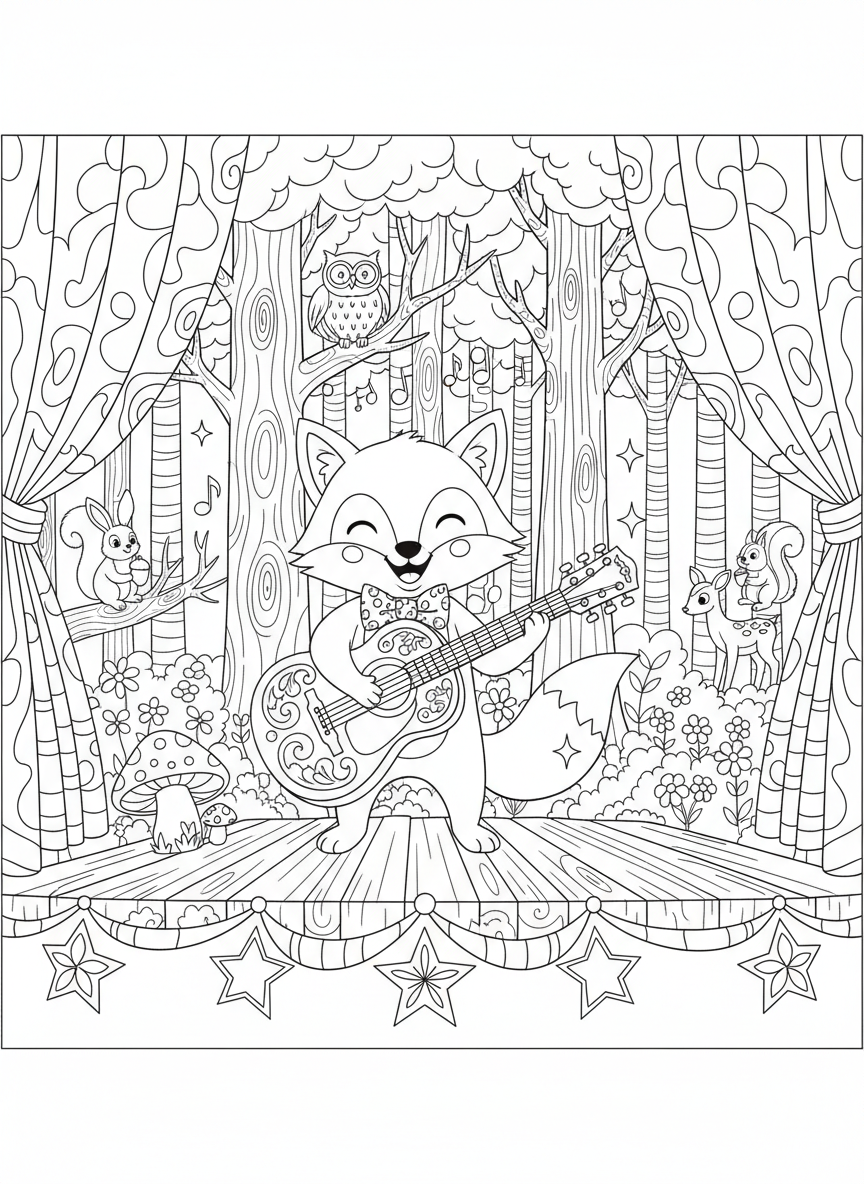 Charmanter Fuchsmusiker: Akustikgitarre im Wald Malvorlage - Fuchs Malvorlage mit Kinder und Komplex - Kostenlose Druckbare Umrisszeichnung