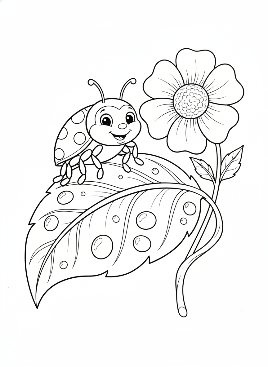Charming Ladybug on a Dew-Kissed Leaf Coloring Page for Kids 5-8 - Ladybug Coloring Page featuring Nature and Children - Free Printable Outline Drawing for Kids
