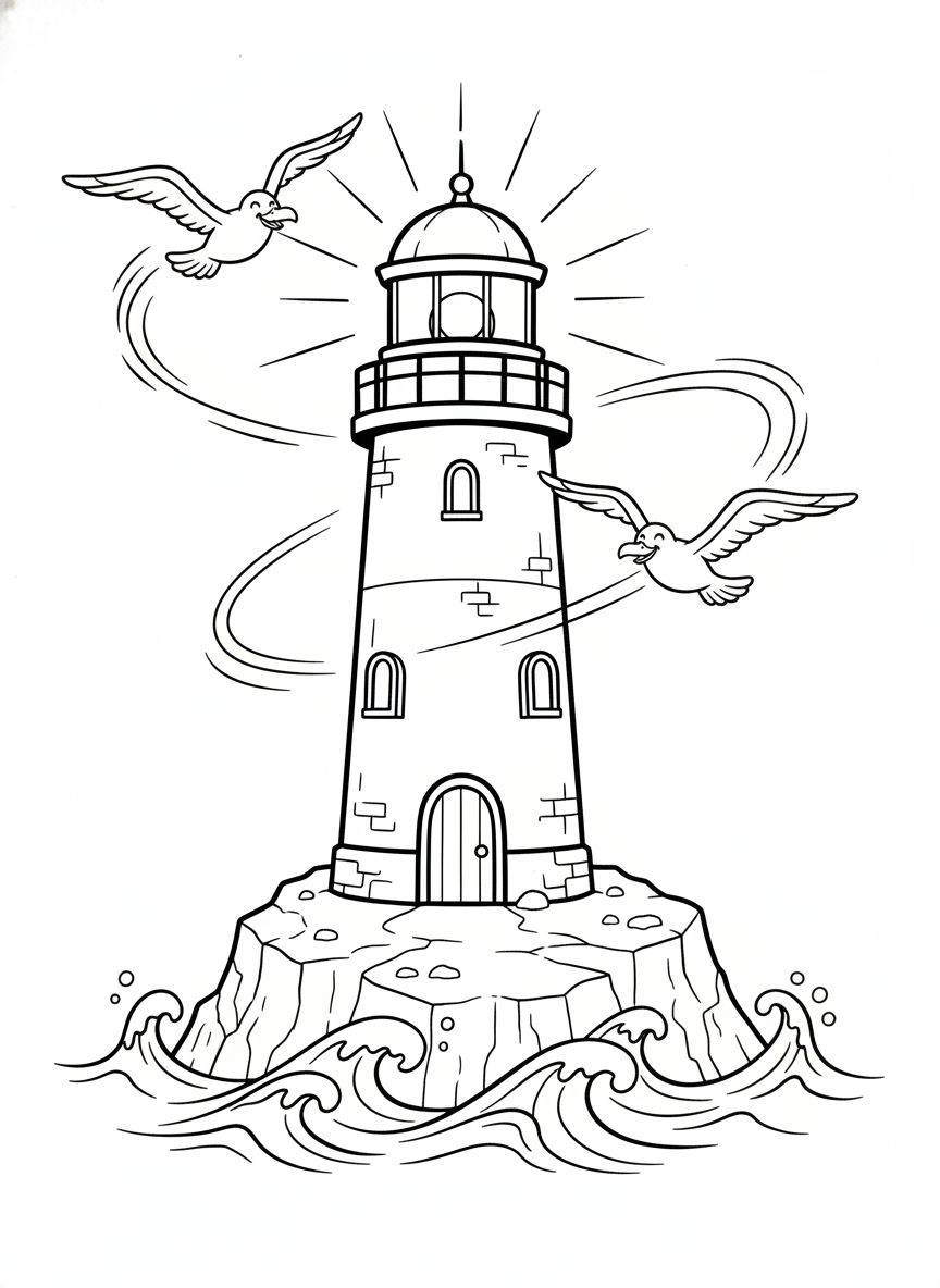 Página de Colorir Farol Encantador e Gaivotas Amigáveis - Paisagem Marinha Desenho para Colorir com Fácil de Colorir e Farol - Desenho de Contorno Grátis Imprimível