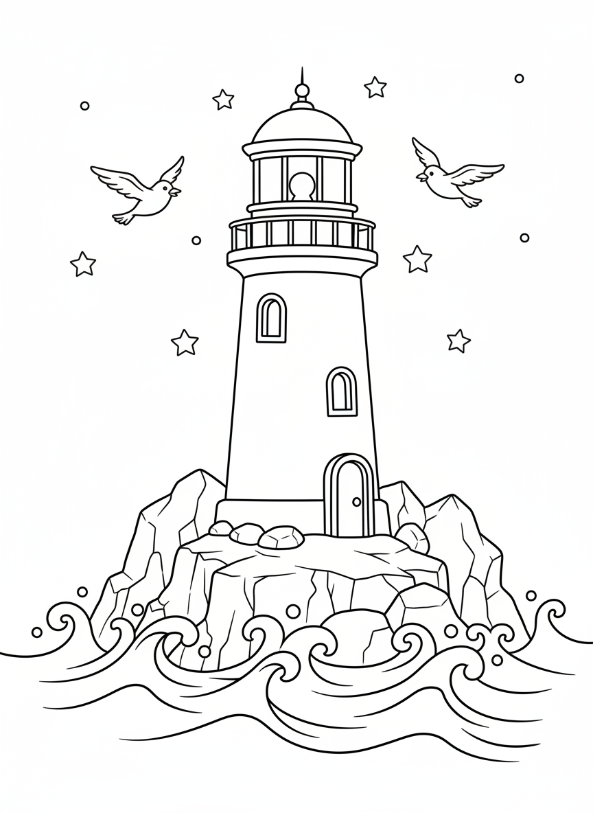 Charming Lighthouse on Rocky Coast Coloring Page for Kids - Seascape Coloring Page featuring Children and Lighthouse - Free Printable Outline Drawing for Kids