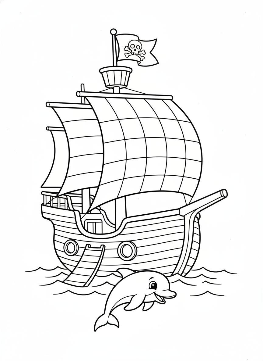 Charming Pirate Ship & Dolphin Adventure Coloring Page for Kids - Pirate Coloring Page featuring Ocean and Easy to Color - Free Printable Outline Drawing for Kids