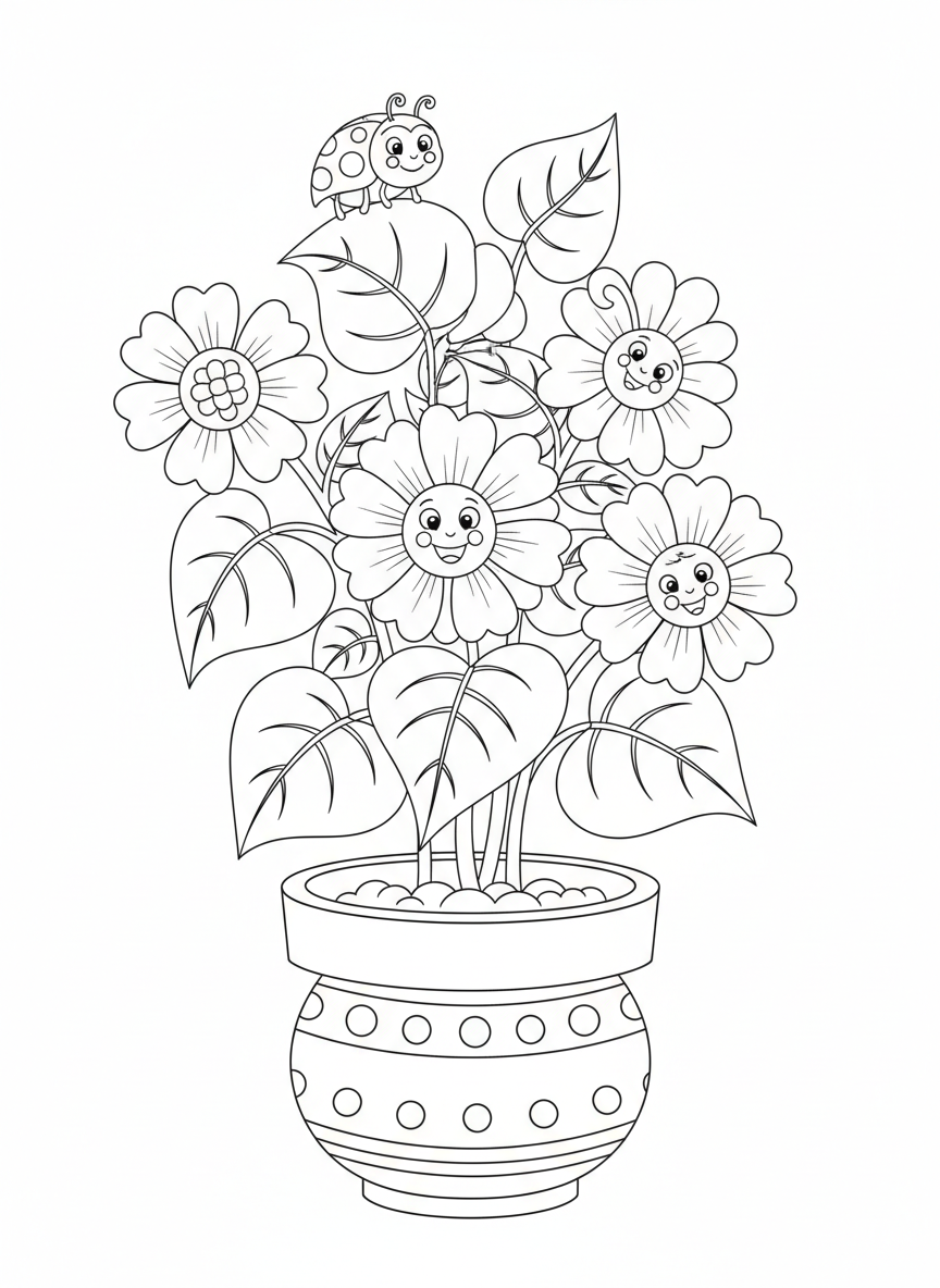 Charming Potted Plant with Ladybug Coloring Page for Kids - Flowers Coloring Page featuring Happy and Nature - Free Printable Outline Drawing for Kids