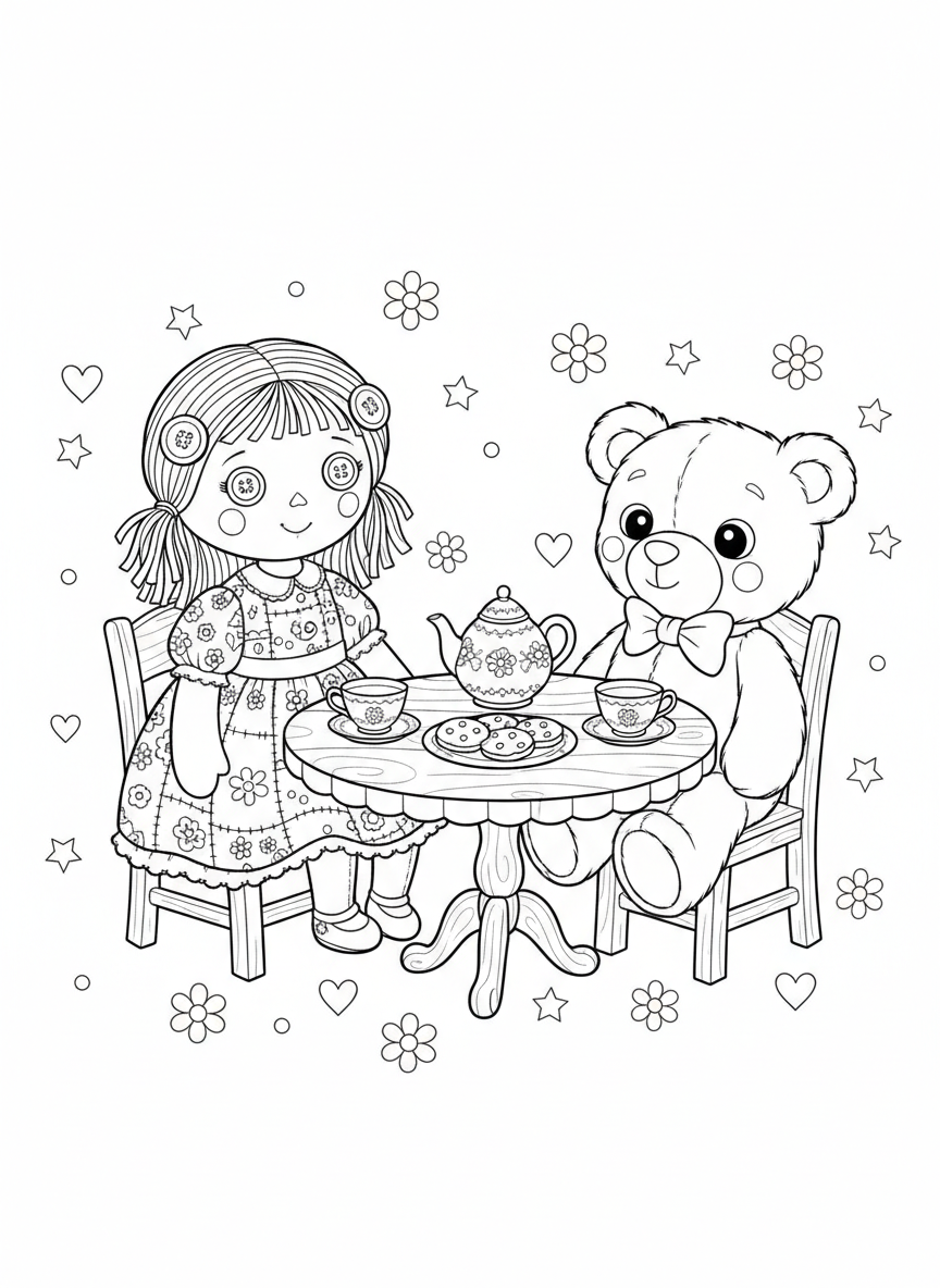 Desenho para Colorir Festa do Chá de Boneca de Pano e Urso de Pelúcia - Brinquedo Desenho para Colorir com Crianças e Fofo - Desenho de Contorno Grátis Imprimível