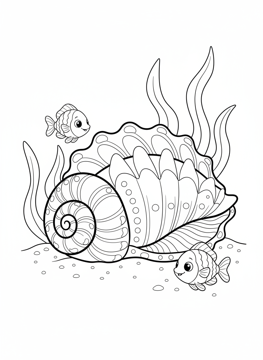 迷人貝殼與友善魚兒：海底世界著色頁 - 海景 著色頁 海洋、兒童 - 免費可列印輪廓畫