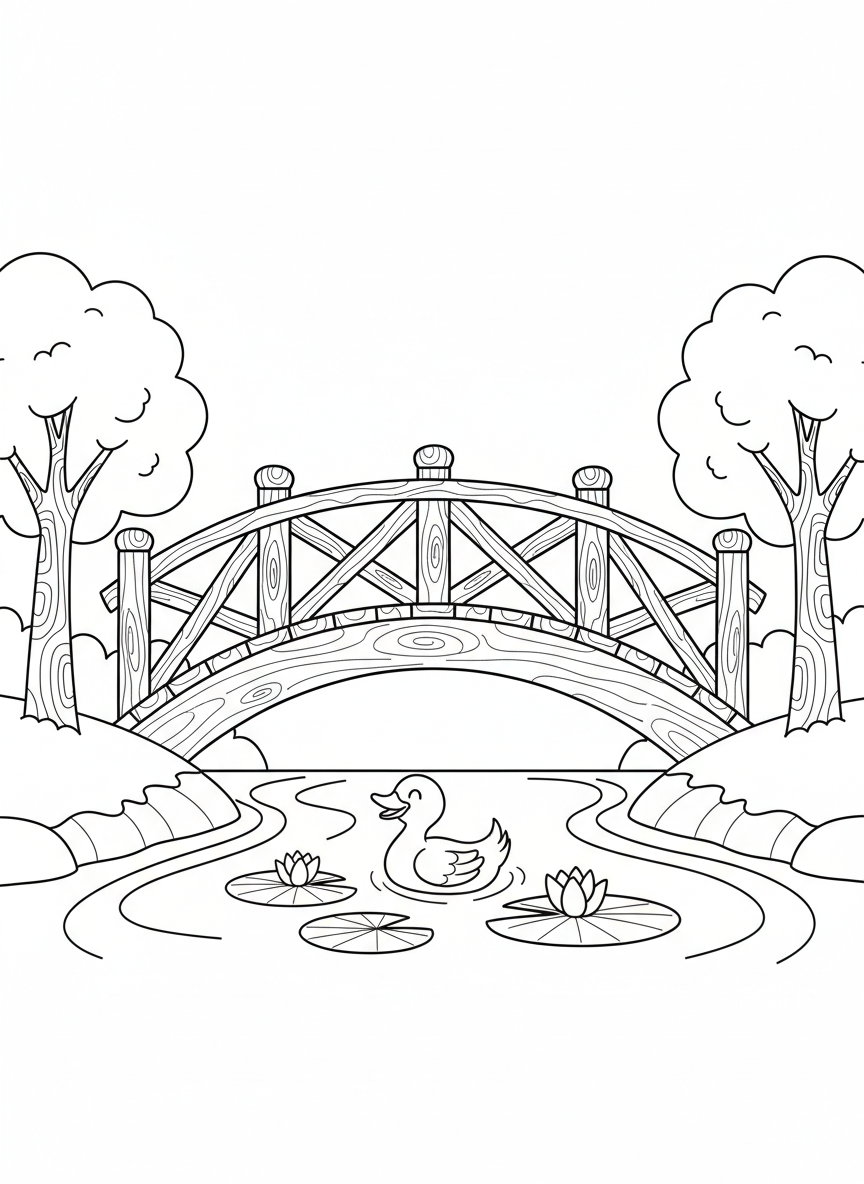 Página de Colorir: Ponte de Madeira Encantadora e Rio com Pato - Ponte Desenho para Colorir com Animais Fofos e Cena de Rio - Desenho de Contorno Grátis Imprimível
