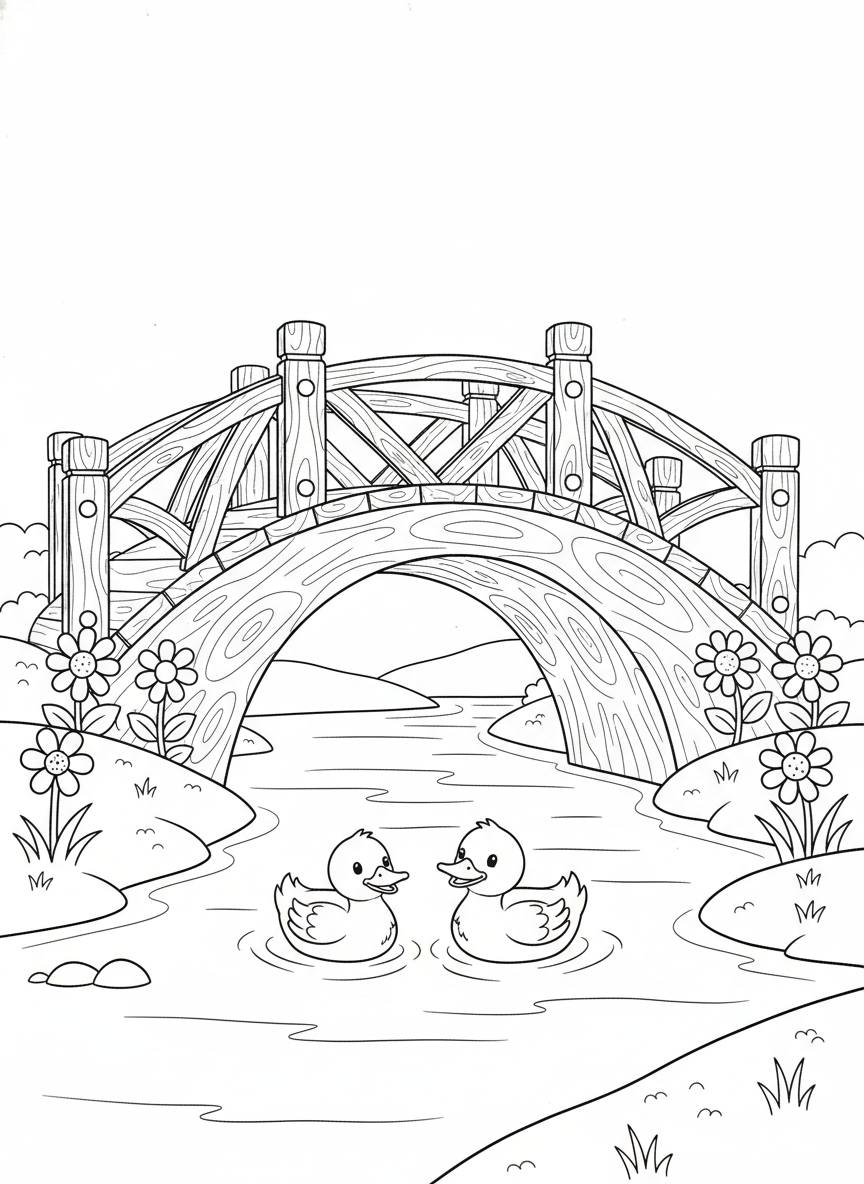 Charming Wooden Bridge & Ducks Coloring Page for Kids - Bridge Coloring Page featuring Children and River - Free Printable Outline Drawing for Kids