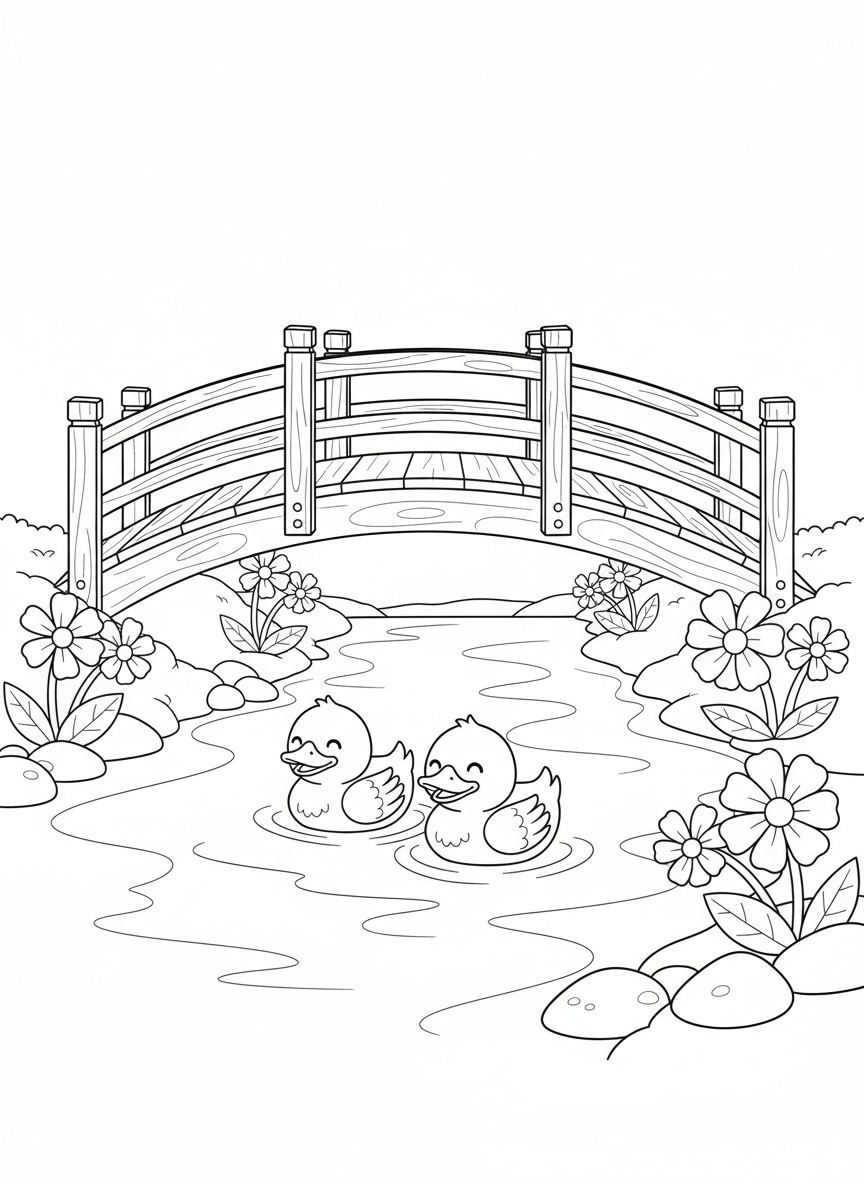 Ponte de Madeira Encantadora e Patos Felizes: Página para Colorir Infantil - Ponte Desenho para Colorir com Crianças e Fofo - Desenho de Contorno Grátis Imprimível