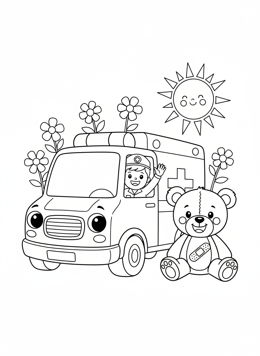Cheerful Ambulance & Teddy Bear Coloring Page for Kids - Ambulance Coloring Page featuring Children and Cute - Free Printable Outline Drawing for Kids