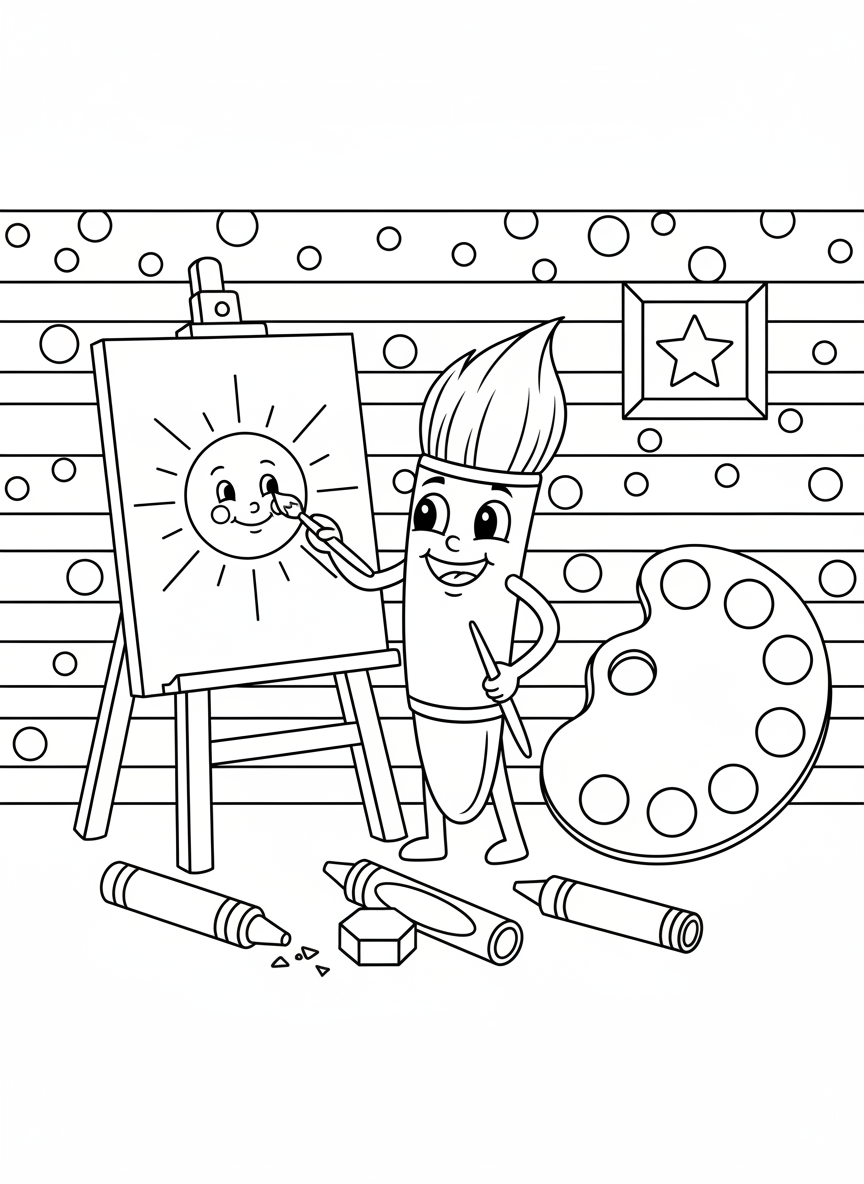 Cheerful Art Studio Coloring Page for Kids - Art Supplies Coloring Page featuring Happy and Cute - Free Printable Outline Drawing for Kids
