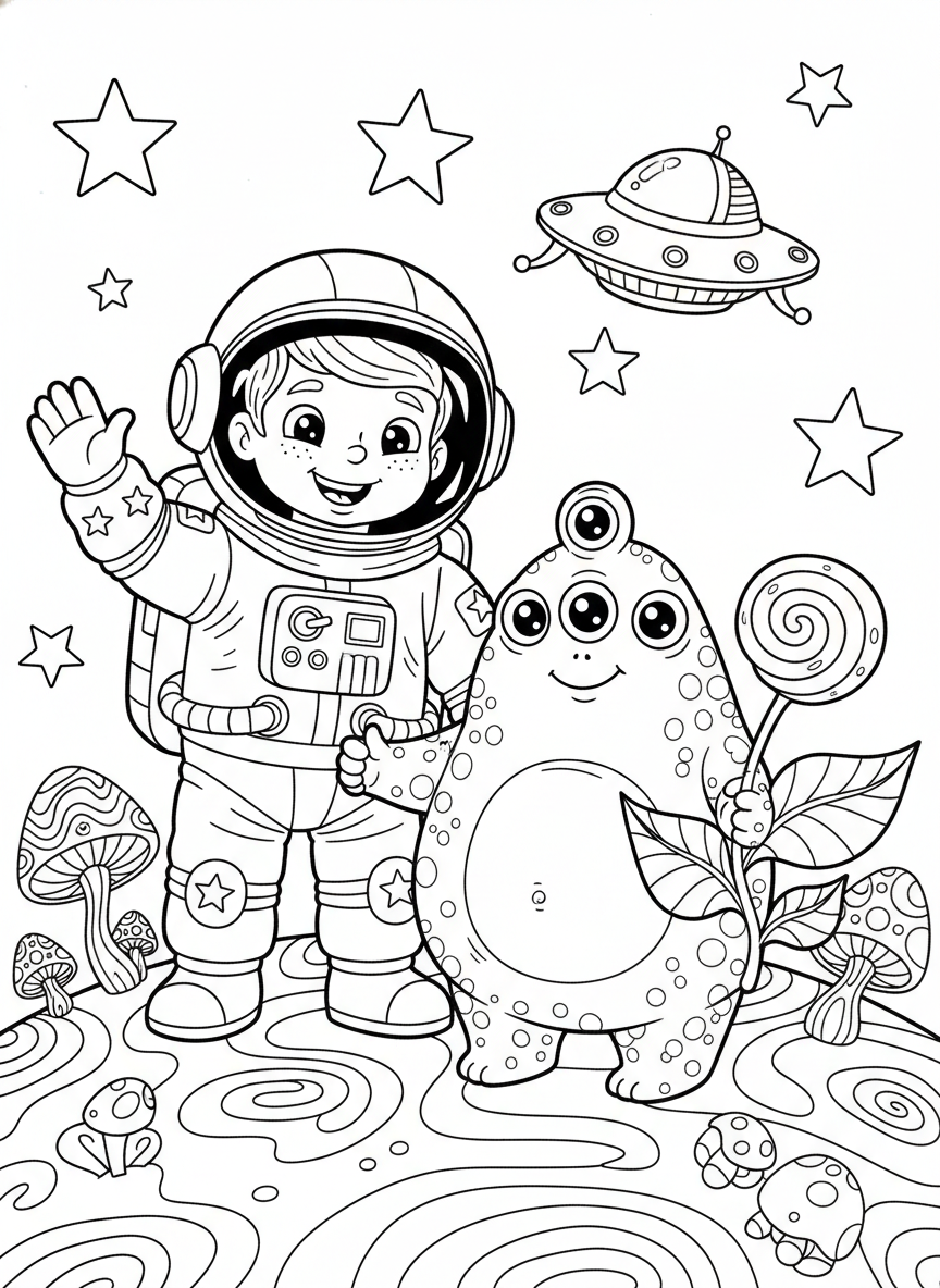 Cheerful Astronaut & Alien Friends Space Adventure Coloring Page - Space Character Coloring Page featuring Storybook Style and Astronaut - Free Printable Outline Drawing for Kids