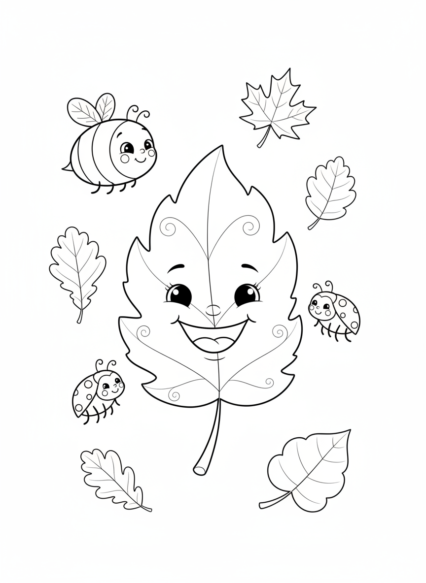 Fröhliches Herbstblatt & Freunde Malvorlage für Kinder - Herbst Malvorlage mit Natur und Kinder - Kostenlose Druckbare Umrisszeichnung