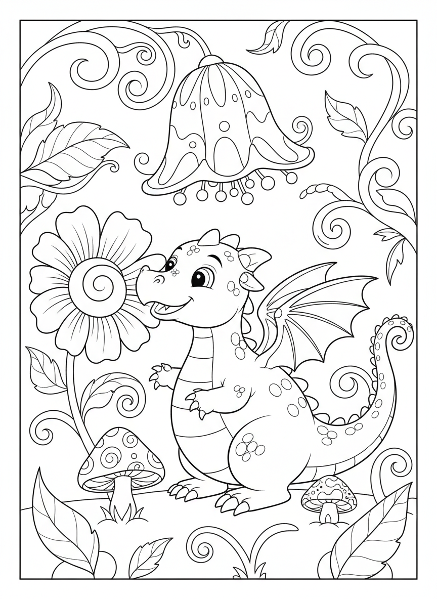 Cheerful Baby Dragon in a Magical Garden Coloring Page - Dragon Coloring Page featuring Fantasy and Storybook Style - Free Printable Outline Drawing for Kids