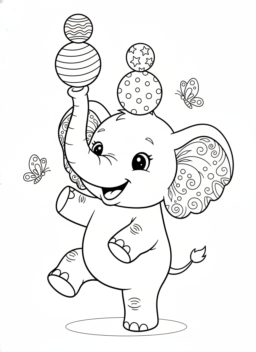 Cheerful Baby Elephant Balancing Act Coloring Page for Kids - Elephant Coloring Page featuring Easy to Color and Playful - Free Printable Outline Drawing for Kids