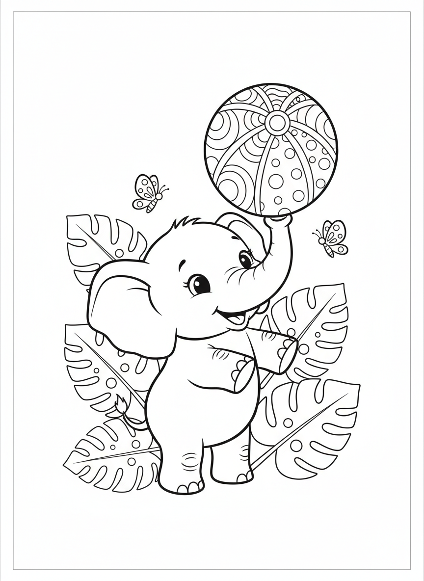 Elefante Bebê Brincalhão: Página para Colorir - Elefante Desenho para Colorir com Crianças e Fofo - Desenho de Contorno Grátis Imprimível