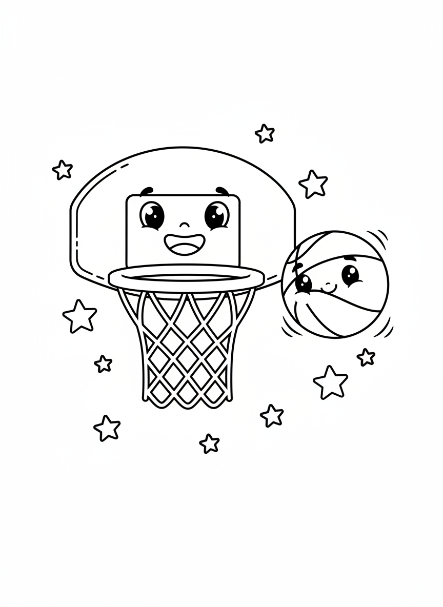 Cheerful Basketball Hoop and Ball Coloring Page for Kids - Sports Item Coloring Page featuring Cute and Kids - Free Printable Outline Drawing for Kids