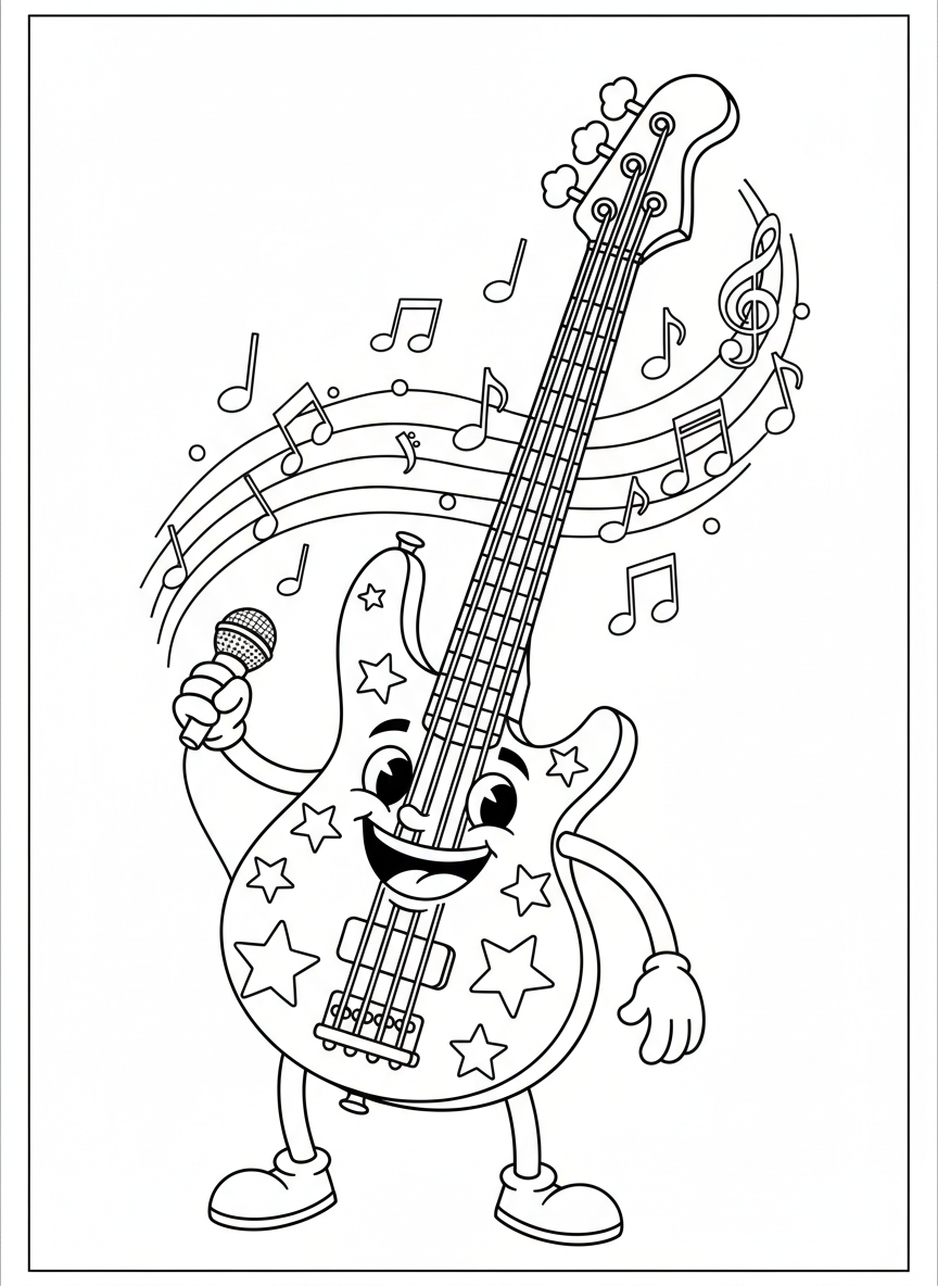 Cheerful Bass Guitar Cartoon: A Fun Musical Coloring Page for Kids - Musical Instrument Coloring Page featuring Children and Cute - Free Printable Outline Drawing for Kids