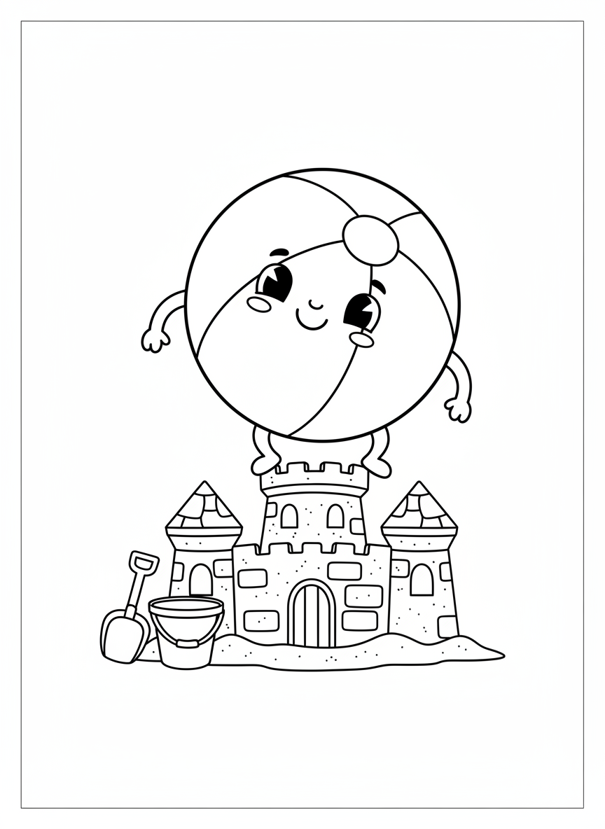 Divertida Página para Colorear: Pelota de Playa y Castillo de Arena - Juguete Dibujo para Colorear con Verano y Niños - Dibujo de Contorno Gratis Imprimible