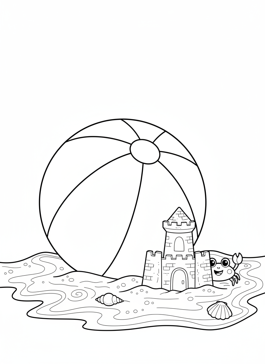Cheerful Beach Day Coloring: Sandcastle, Beach Ball & Friendly Crab - Seascape Coloring Page featuring Cute and Sandcastle - Free Printable Outline Drawing for Kids