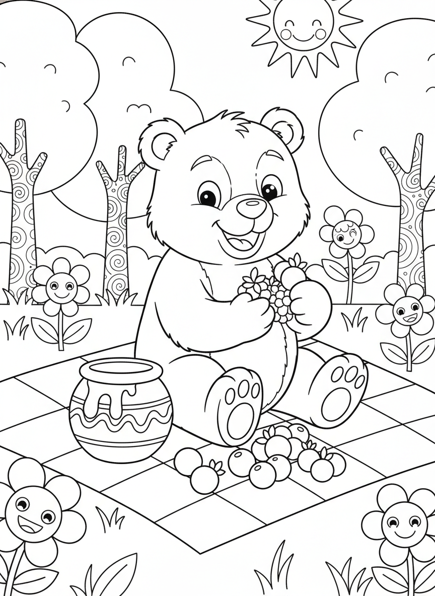 Cheerful Bear Cub Picnic Coloring Page for Kids - Bear Coloring Page featuring Easy to Color and Picnic - Free Printable Outline Drawing for Kids