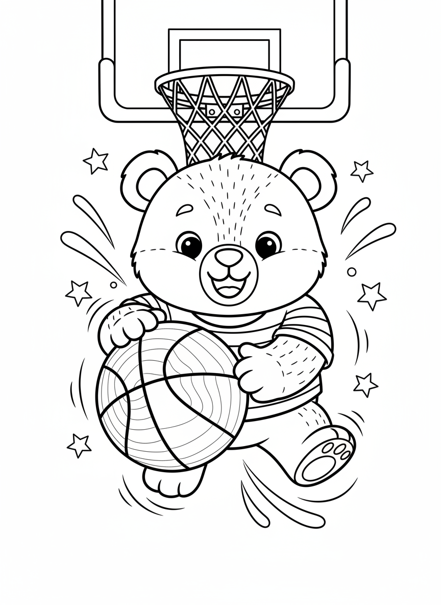 Ursinho Alegre Jogando Basquete para Colorir - Urso Desenho para Colorir com Crianças e Fofo - Desenho de Contorno Grátis Imprimível