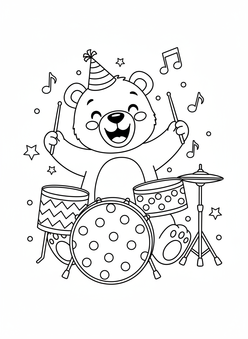 陽気なクマさんのドラム演奏ぬり絵 - クマ ぬりえページ 音楽とドラムセット - 無料印刷可能な輪郭画