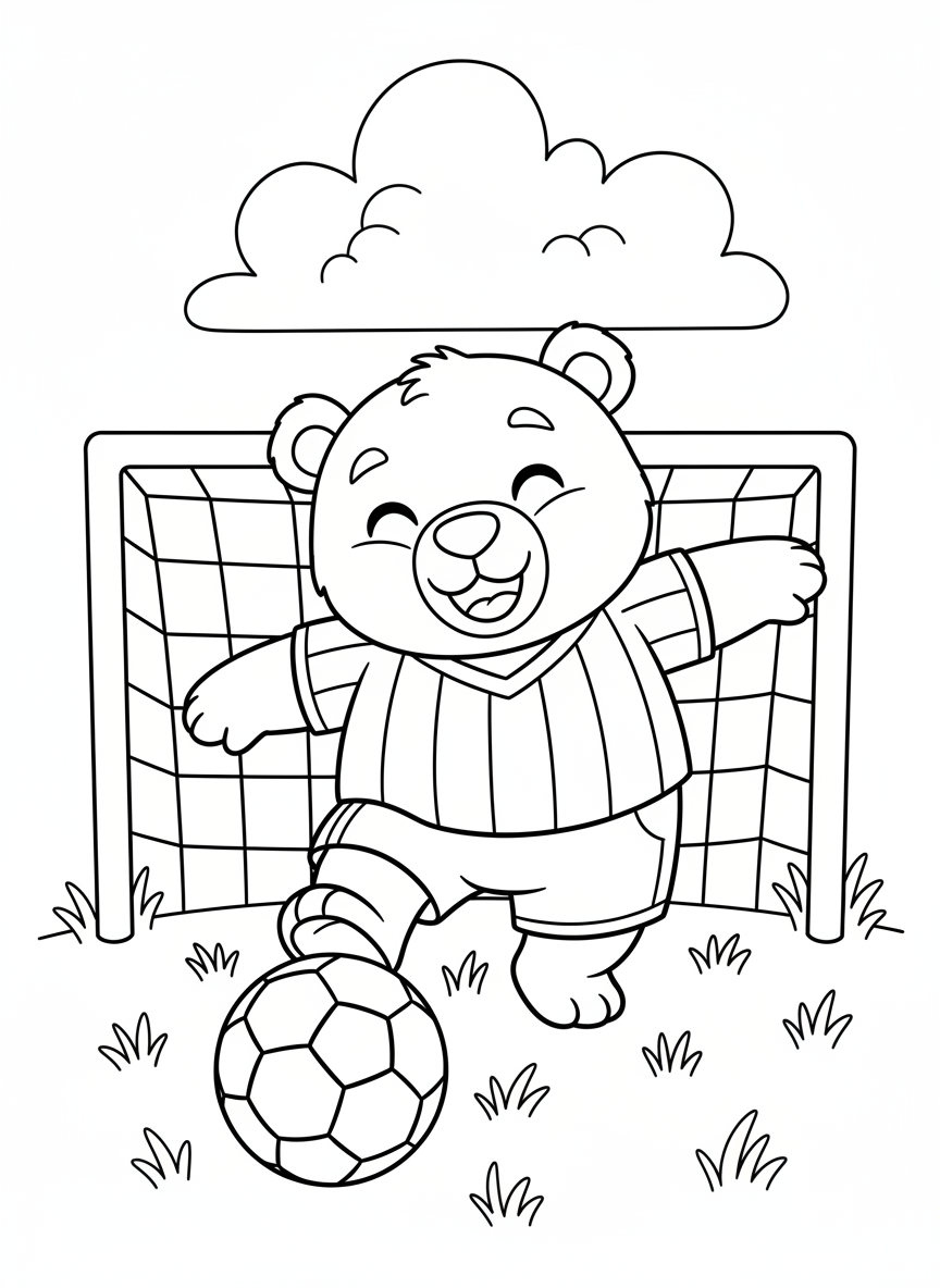 Cheerful Bear Kicks Soccer Ball Coloring Page - Bear Coloring Page featuring Cute and Children - Free Printable Outline Drawing for Kids