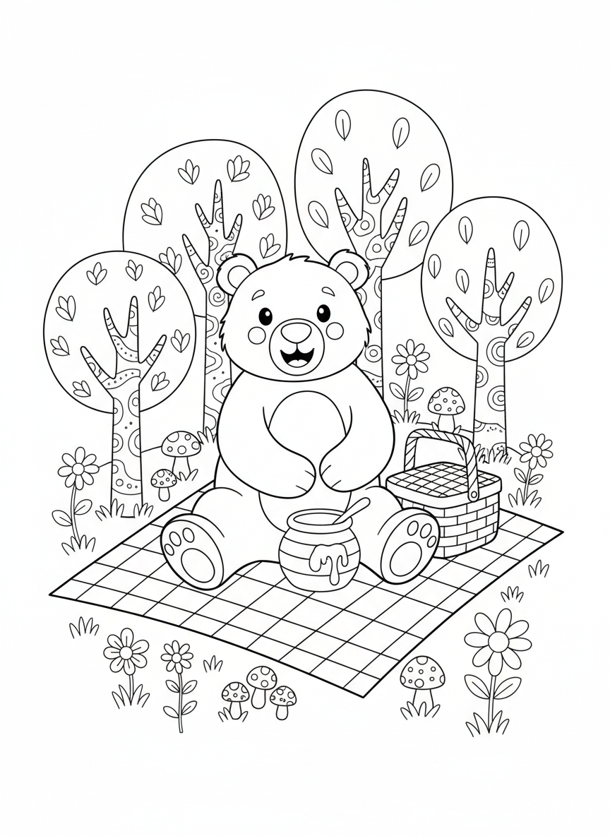 Cheerful Bear Picnic Adventure: A Forest Coloring Page for Kids - Bear Coloring Page featuring Picnic and Forest - Free Printable Outline Drawing for Kids