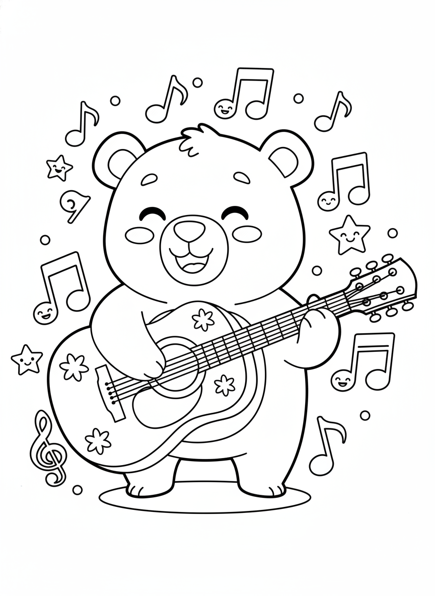 Ours Cartoon Joyeux Jouant de la Guitare: Page de Coloriage - Ours Coloriage avec Facile et Enfants - Dessin au Trait Gratuit Imprimable