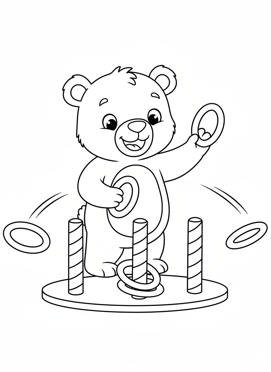 Cheerful Bear Playing Ring Toss Coloring Page for Kids - Bear Coloring Page featuring Cute and Children - Free Printable Outline Drawing for Kids