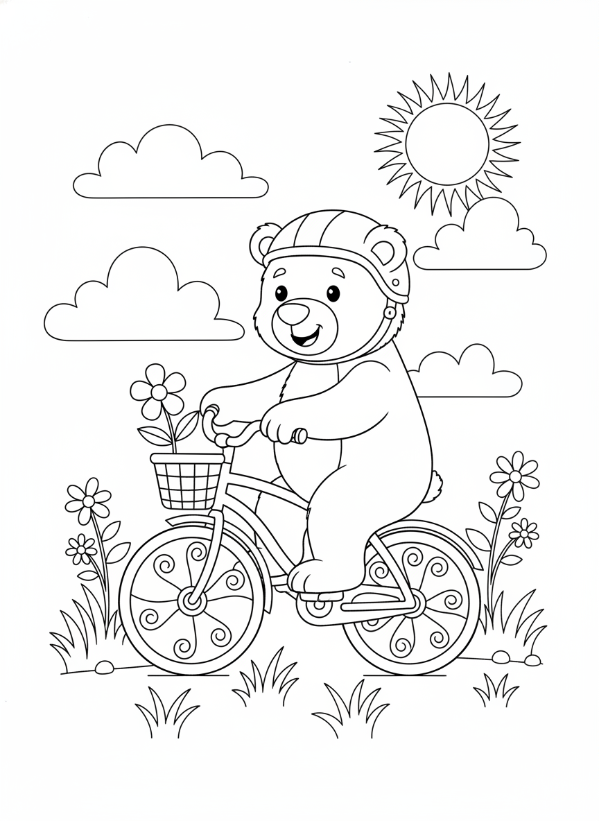 Cheerful Bear Riding a Bicycle in the Park Coloring Page for Kids - Bear Coloring Page featuring Children and Park - Free Printable Outline Drawing for Kids