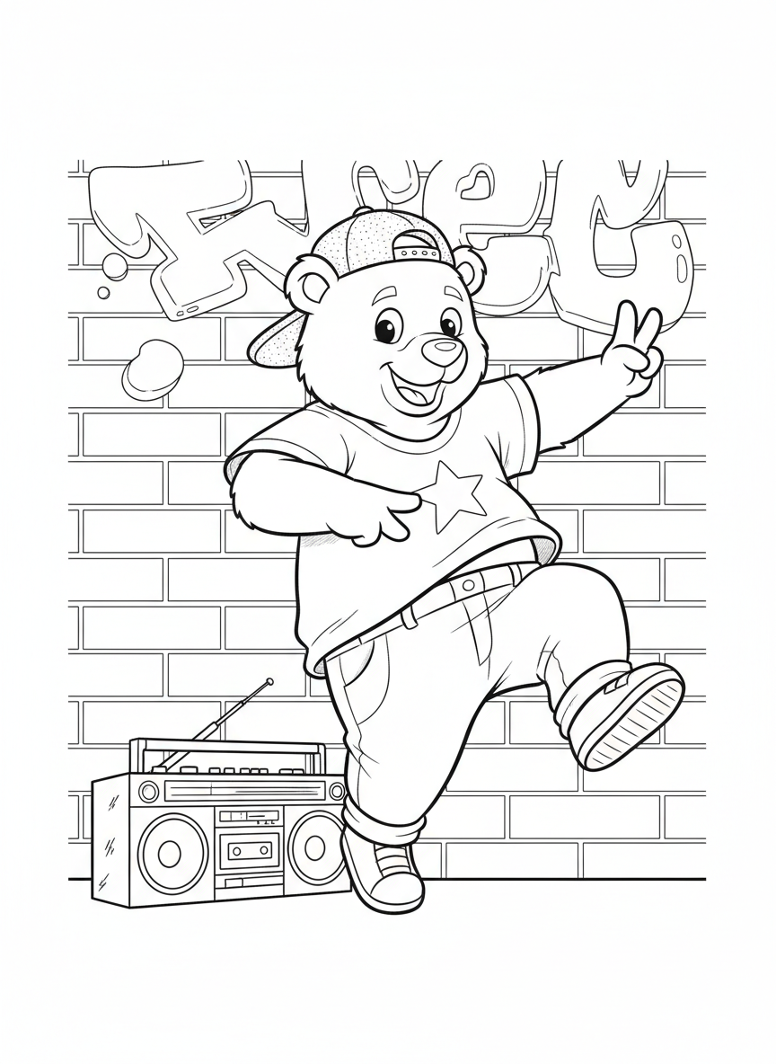 Cheerful Bear Street Dance: Fun Coloring Page for Kids! - Bear Coloring Page featuring Kids Activity and Cartoon - Free Printable Outline Drawing for Kids